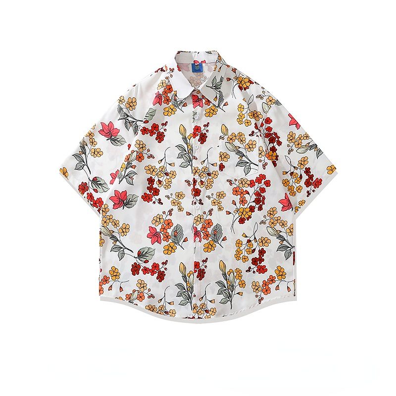 반팔 셔츠 남성 복고풍 애호가 루즈핏 다목적, 패션 꽃 풀 프린트 여름 셔츠